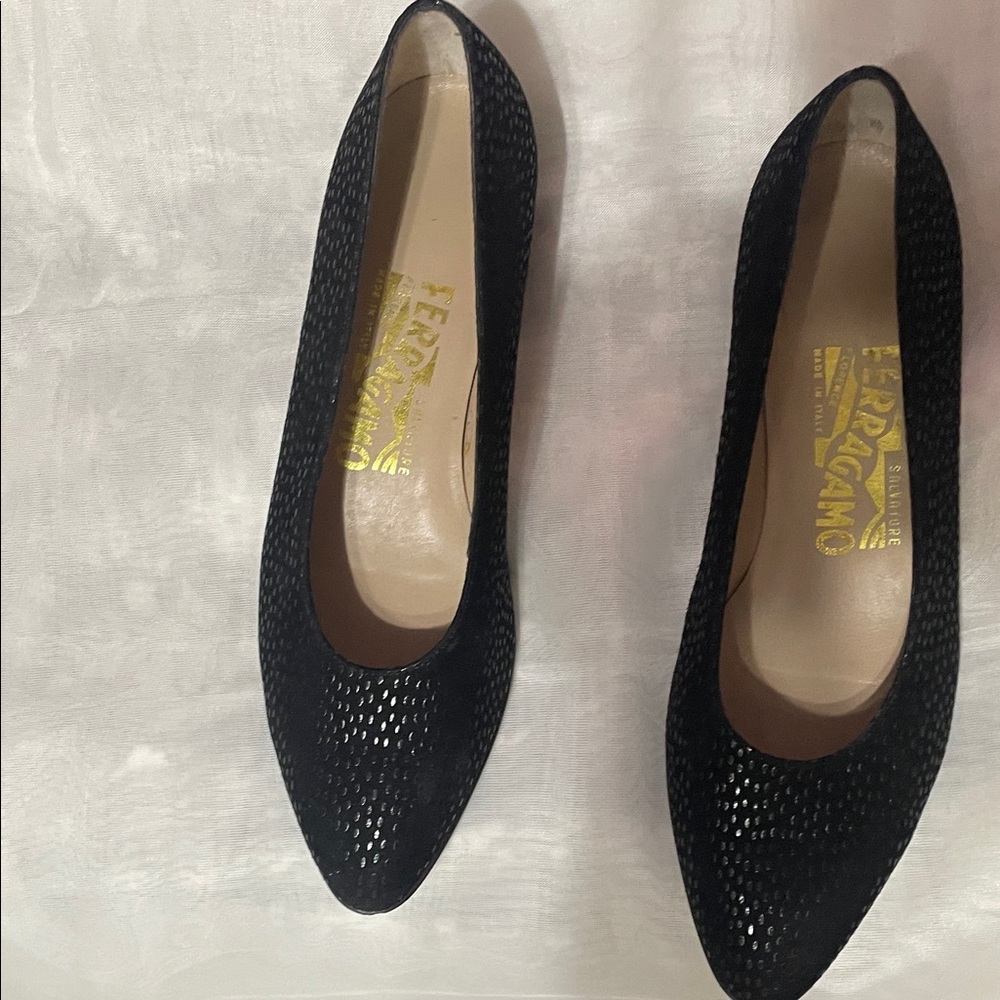 Salvatore Ferragamo Navy Textured Flats
